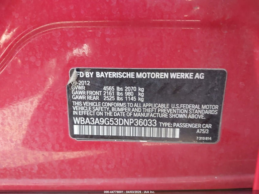 2013 BMW 3er VIN WBA3A9G53DNP36033 IAAI salvage auction — FRONT END, Wait Title, sold $25 on 2026-07-21 (photo 9)