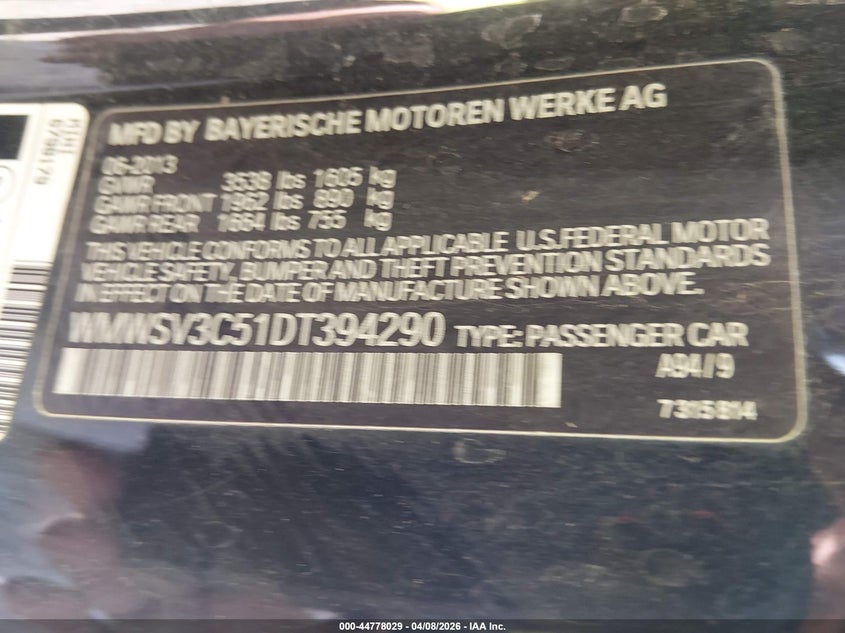 2013 Mini Hard top VIN WMWSV3C51DT394290 IAAI salvage auction — RIGHT REAR, Salvage Title, sold $200 on 2026-07-08 (photo 9)