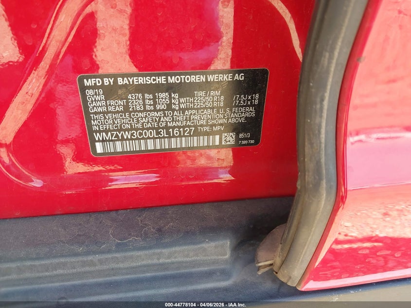 2020 Mini Countryman VIN WMZYW3C00L3L16127 IAAI salvage auction — HAIL, Original (Texas), sold $3,600 on 2026-07-27 (photo 9)