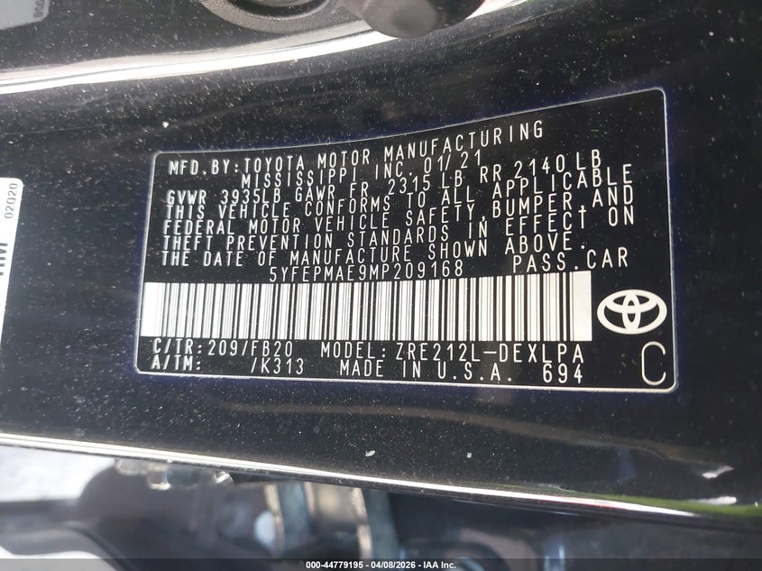 2021 Toyota Corolla VIN 5YFEPMAE9MP209168 IAAI salvage auction — FRONT END, Salvage Title, sold $4,000 on 2026-07-08 (photo 9)