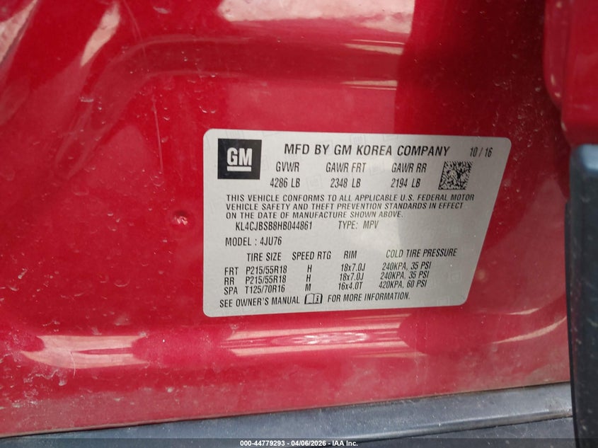 2017 Buick Encore VIN KL4CJBSB8HB044861 IAAI salvage auction — FRONT END, Clear (Michigan), sold $1,125 on 2026-07-09 (photo 9)