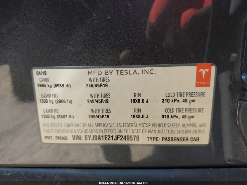 2018 Tesla Model s VIN 5YJSA1E21JF249576 IAAI salvage auction — FRONT END, Salvage Title, sold $3,700 on 2026-07-23 (photo 9)