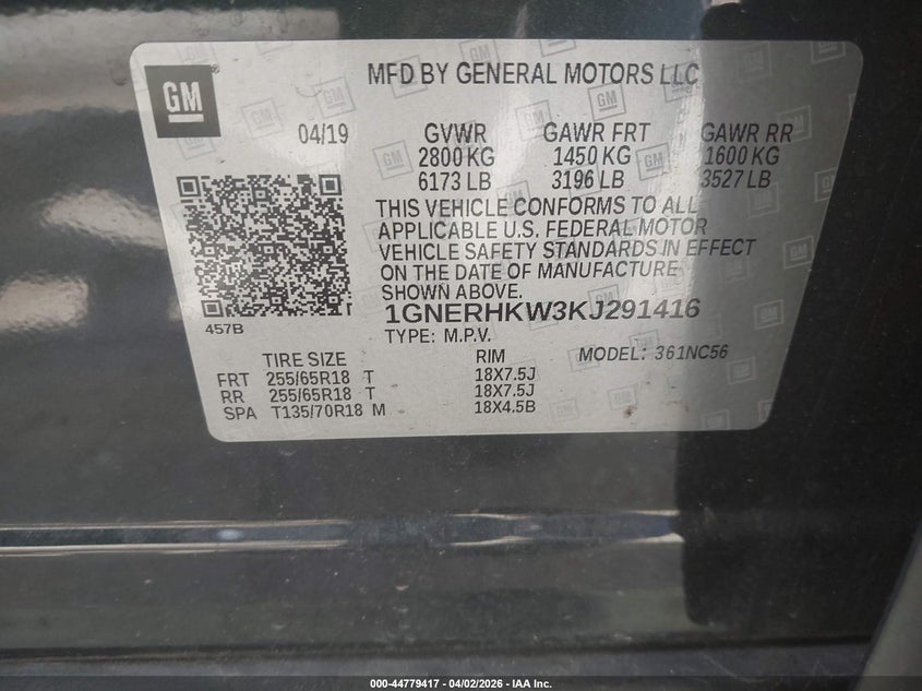 2019 Chevrolet Traverse VIN 1GNERHKW3KJ291416 IAAI salvage auction — FRONT END, Wait Title, sold $3,450 on 2026-08-02 (photo 9)