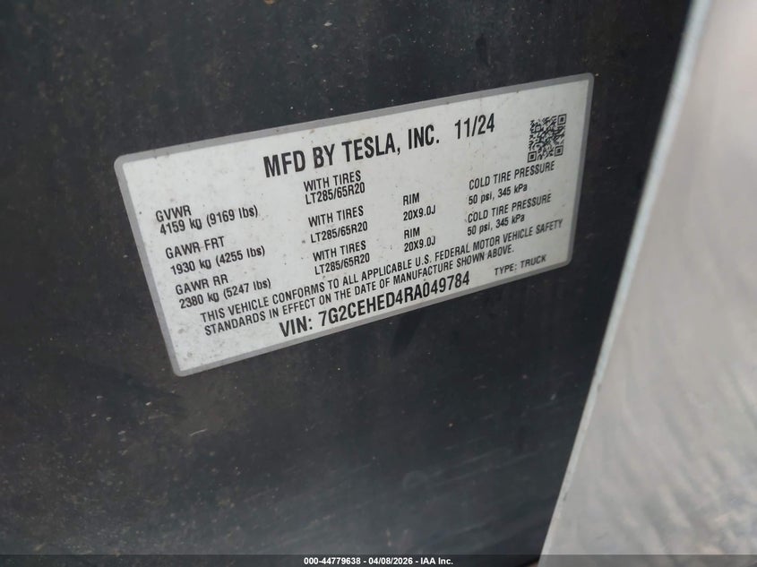 2024 Tesla Cybertruck VIN 7G2CEHED4RA049784 IAAI salvage auction — FRONT END, Salvage (Hawaii), sold $18,100 on 2026-08-18 (photo 9)