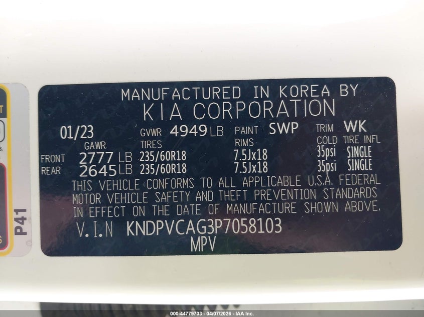 2023 Kia Sportage hybrid VIN KNDPVCAG3P7058103 IAAI salvage auction — FRONT END, Wait Title, sold $7,000 on 2026-07-28 (photo 9)