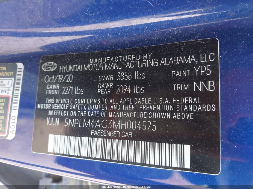 2021 Hyundai Elantra VIN 5NPLM4AG3MH004525 IAAI salvage auction — LEFT SIDE, Salvage (Alabama), sold $2,800 on 2026-07-15 (photo 9)