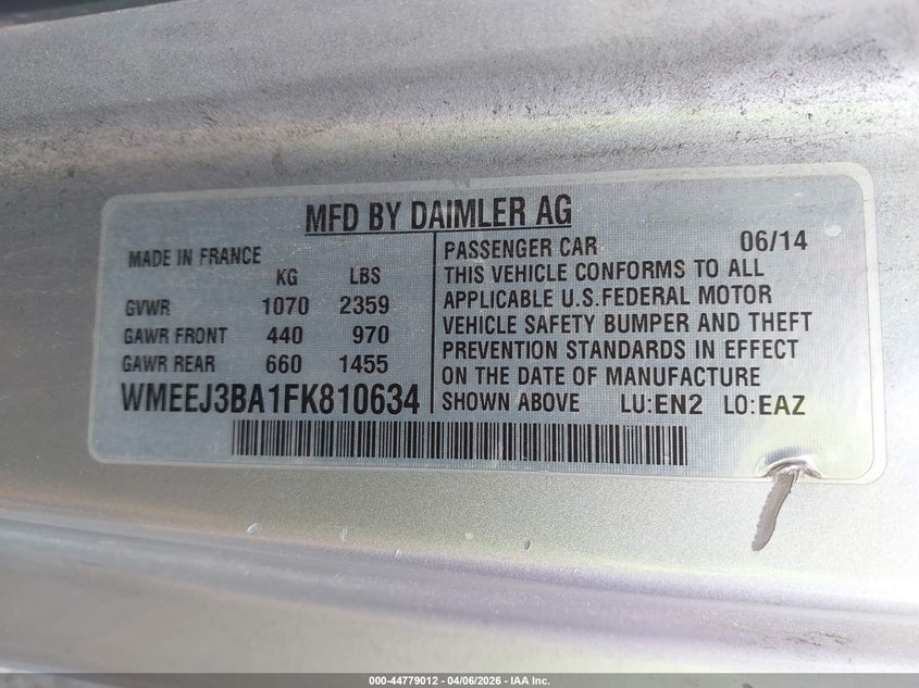 2015 Smart Fortwo VIN WMEEJ3BA1FK810634 IAAI salvage auction — NORMAL WEAR, Wait Title, sold $550 on 2026-07-13 (photo 9)