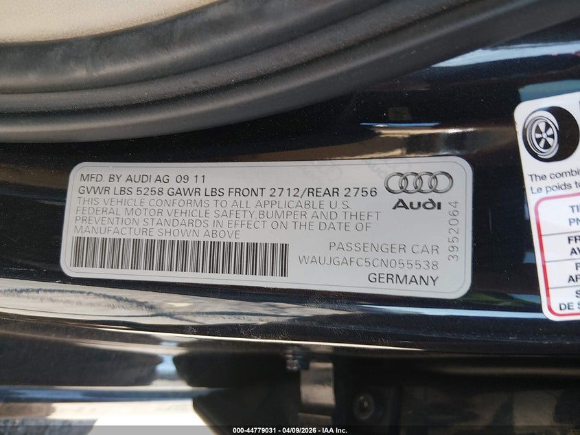 2012 Audi A6 VIN WAUJGAFC5CN055538 IAAI salvage auction — LEFT SIDE, Salvage Title, sold $1,700 on 2026-07-17 (photo 9)