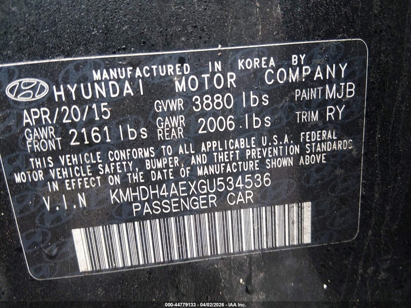 2016 Hyundai Elantra VIN KMHDH4AEXGU534536 IAAI salvage auction — RIGHT FRONT, Wait Title, sold $725 on 2026-07-14 (photo 9)