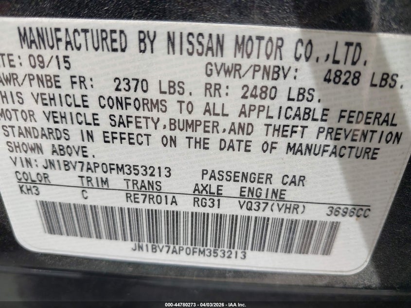 2015 Infiniti Q50 VIN JN1BV7AP0FM353213 IAAI salvage auction — THEFT, Wait Title, sold $2,800 on 2026-07-20 (photo 9)