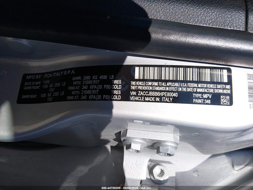 2017 Jeep Renegade VIN ZACCJBBB6HPE80040 IAAI salvage auction — RIGHT FRONT, Salvage (Illinois), sold $1,350 on 2026-07-07 (photo 9)