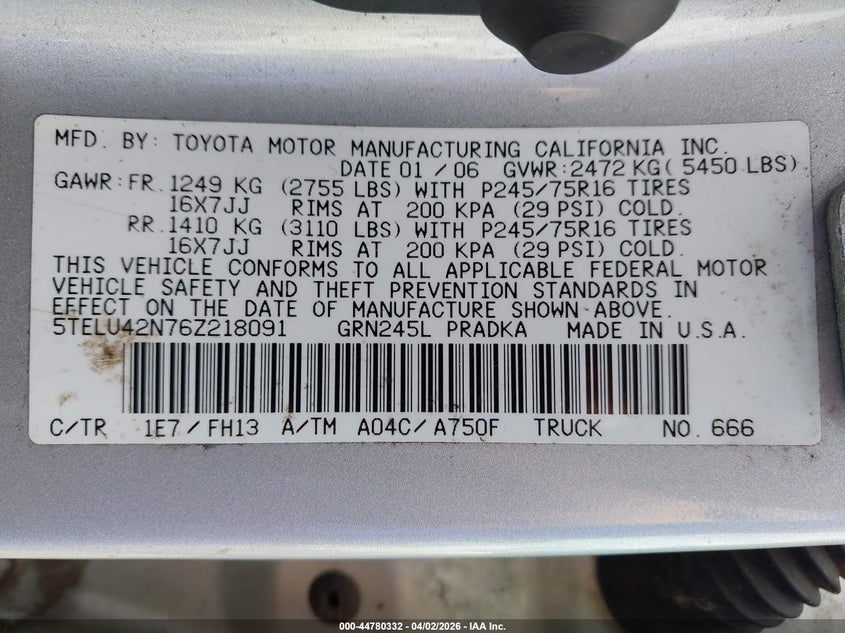 2006 Toyota Tacoma VIN 5TELU42N76Z218091 IAAI salvage auction — UNDERCARRIAGE, Clear (Hawaii), sold $3,000 on 2026-07-21 (photo 9)