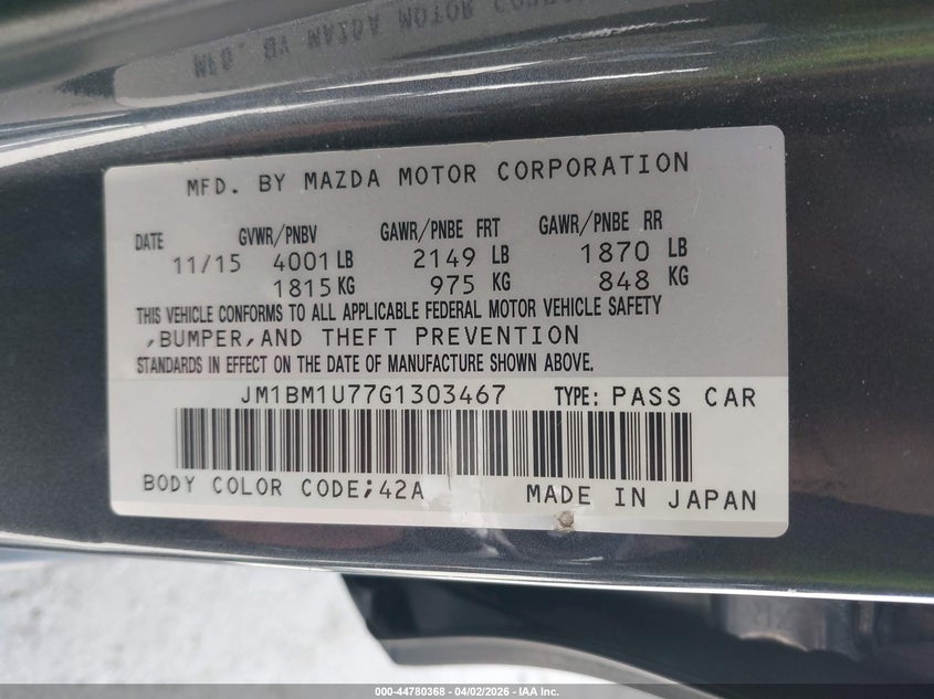 2016 Mazda 3 VIN JM1BM1U77G1303467 IAAI salvage auction — FRONT & REAR, Wait Title, sold $500 on 2026-07-15 (photo 9)