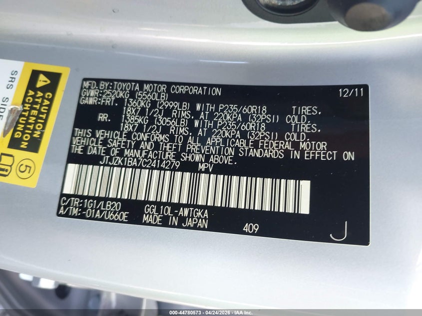 2012 Lexus Rx VIN JTJZK1BA7C2414279 IAAI salvage auction — FRONT END, Salvage (Hawaii), sold $900 on 2026-07-28 (photo 9)