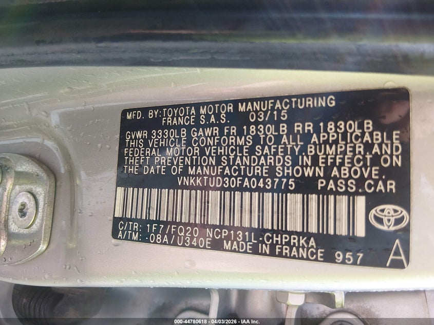 2015 Toyota Yaris VIN VNKKTUD30FA043775 IAAI salvage auction — HAIL, Wait Title, sold $3,150 on 2026-07-09 (photo 9)