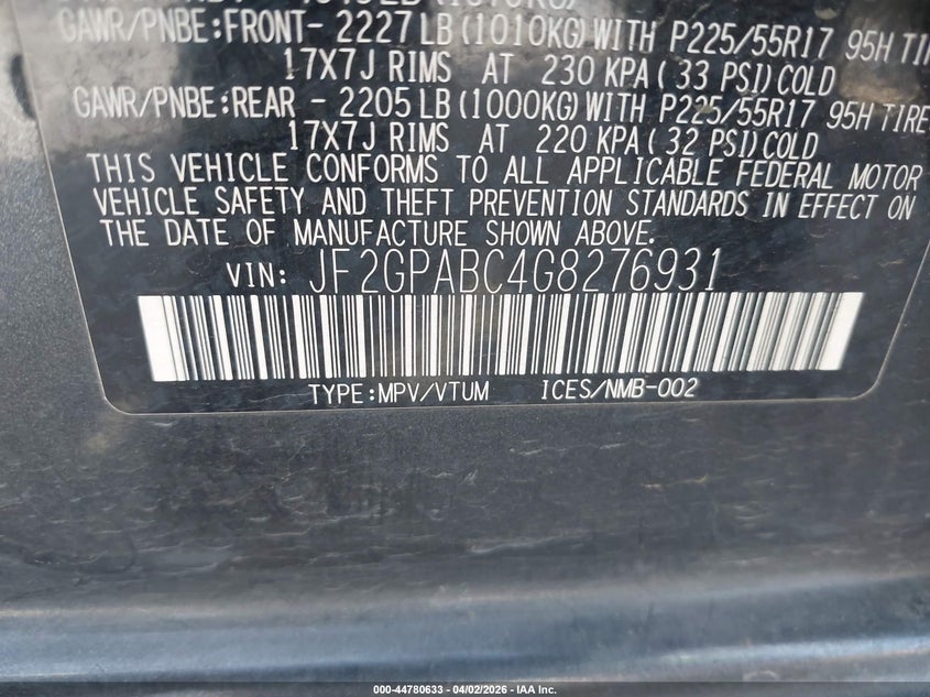 2016 Subaru Xv VIN JF2GPABC4G8276931 IAAI salvage auction — LEFT FRONT, Salvage (California), sold $1,300 on 2026-07-08 (photo 9)