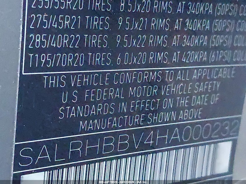 2017 Land rover Discovery VIN SALRHBBV4HA000232 IAAI salvage auction — WATER/FLOOD, Salvage Title, sold $5,450 on 2026-07-15 (photo 9)