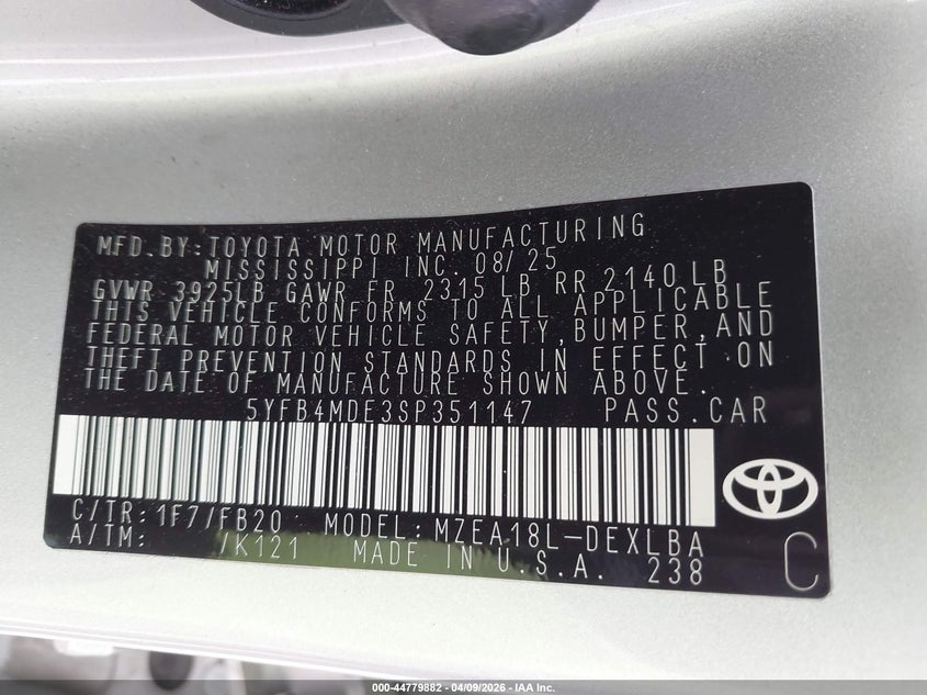 2025 Toyota Corolla VIN 5YFB4MDE3SP351147 IAAI salvage auction — FRONT END, Salvage Title, sold $5,100 on 2026-07-29 (photo 9)