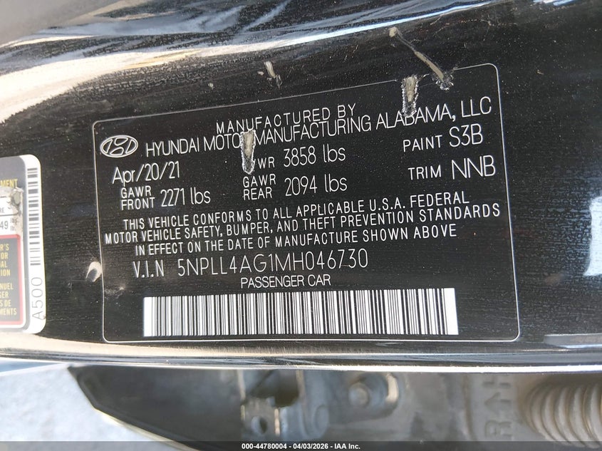 2021 Hyundai Elantra VIN 5NPLL4AG1MH046730 IAAI salvage auction — FRONT END, Wait Title, sold $2,050 on 2026-07-22 (photo 9)