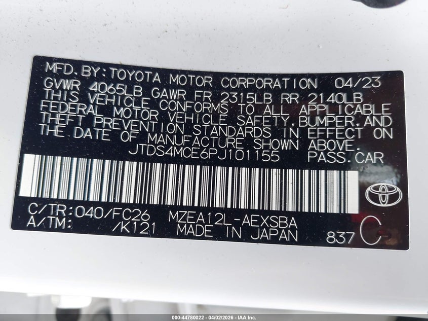 2023 Toyota Corolla VIN JTDS4MCE6PJ101155 IAAI salvage auction — LEFT FRONT, Clear (Hawaii), sold $4,025 on 2026-07-28 (photo 9)