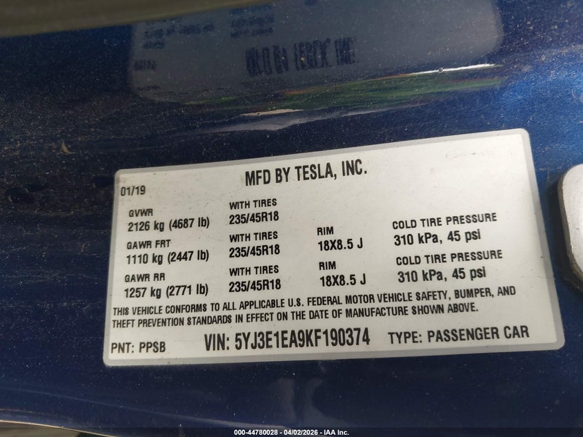 2019 Tesla Model 3 VIN 5YJ3E1EA9KF190374 IAAI salvage auction — FRONT END, Wait Title, sold $4,050 on 2026-07-20 (photo 9)