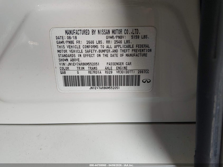 2019 Infiniti Q50 VIN JN1EV7AR8KM552051 IAAI salvage auction — FRONT END, Wait Title, sold $3,050 on 2026-07-09 (photo 9)