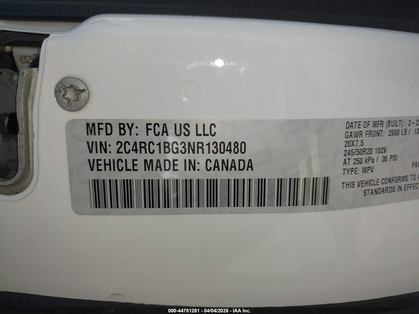 2022 Chrysler Pacifica VIN 2C4RC1BG3NR130480 IAAI salvage auction — FRONT END, Wait Title, sold $25 on 2026-07-21 (photo 9)