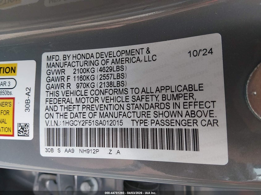 2025 Honda Accord VIN 1HGCY2F51SA012015 IAAI salvage auction — REAR END, Salvage (Arkansas), sold $9,200 on 2026-07-30 (photo 9)