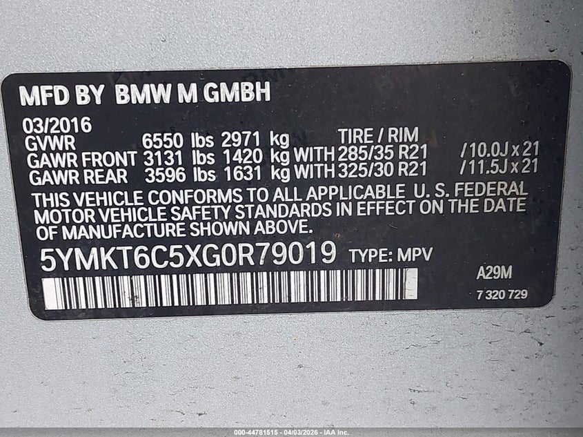 2016 BMW X5 m VIN 5YMKT6C5XG0R79019 IAAI salvage auction — THEFT, Salvage (New Jersey), sold $3,050 on 2026-07-29 (photo 9)