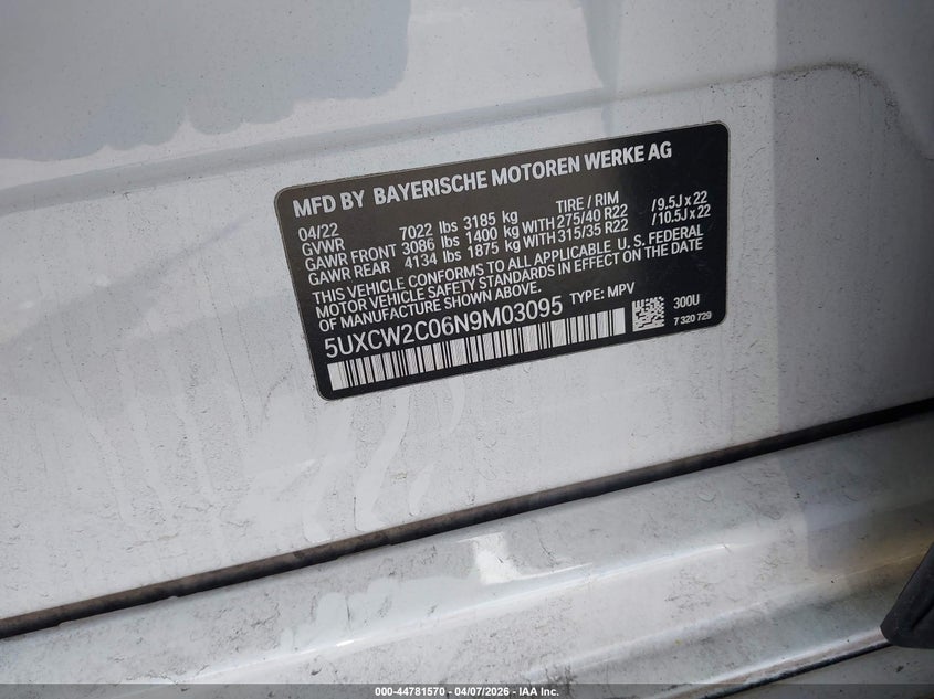2022 BMW X7 VIN 5UXCW2C06N9M03095 IAAI salvage auction — UNKNOWN, Salvage Title, sold $34,500 on 2026-07-20 (photo 9)