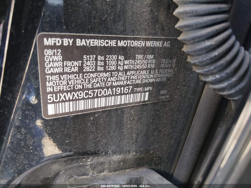 2013 BMW X3 VIN 5UXWX9C57D0A19167 IAAI salvage auction — Hail, Clear - Public Restricted (Oklahoma), sold $1,225 on 2026-04-19 (photo 9)