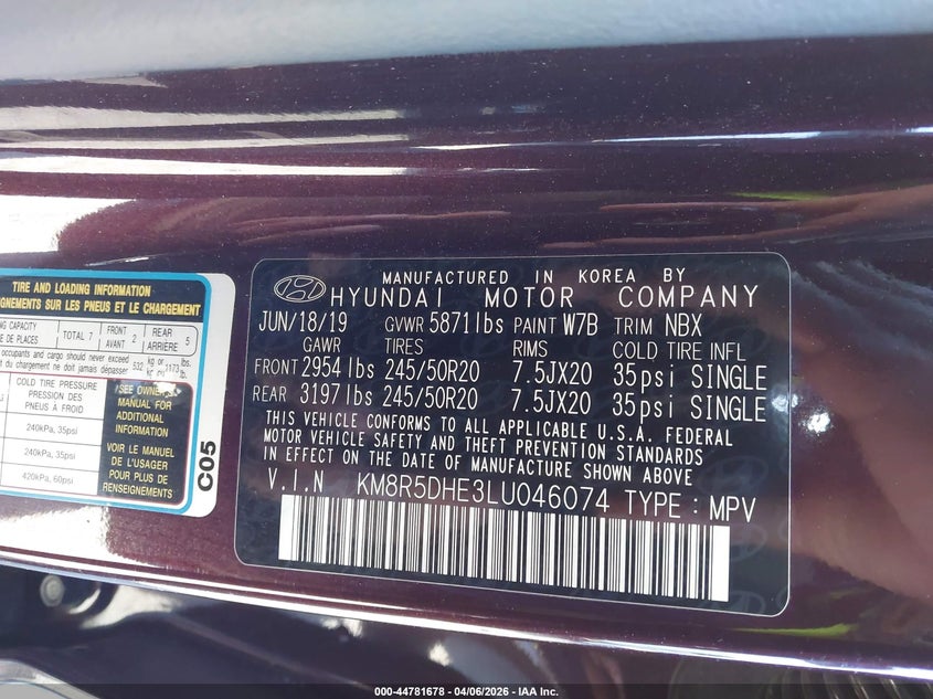 2020 Hyundai Palisade VIN KM8R5DHE3LU046074 IAAI salvage auction — FRONT END, Salvage (New Jersey), sold $4,000 on 2026-07-20 (photo 9)