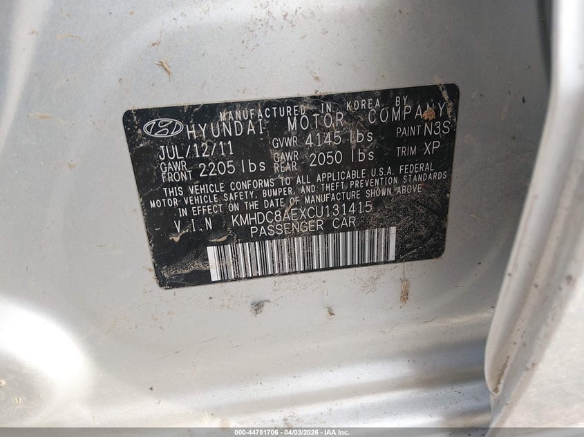 2012 Hyundai Elantra VIN KMHDC8AEXCU131415 IAAI salvage auction — ROLLOVER, Salvage (West Virginia), sold $200 on 2026-07-23 (photo 9)