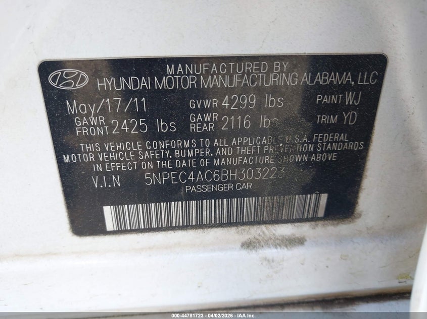 2011 Hyundai Sonata VIN 5NPEC4AC6BH303223 IAAI salvage auction — THEFT, Salvage (Georgia), sold $525 on 2026-07-09 (photo 9)