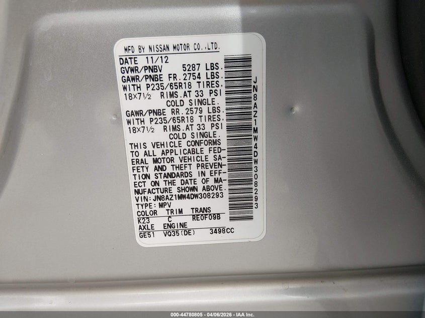 2013 Nissan Murano VIN JN8AZ1MW4DW308293 IAAI salvage auction — FRONT END, Salvage Title, sold $400 on 2026-07-20 (photo 9)