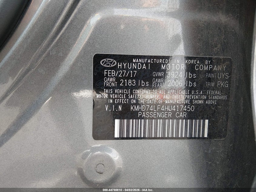 2017 Hyundai Elantra VIN KMHD74LF4HU417450 IAAI salvage auction — FRONT END, Salvage (Nevada), sold $625 on 2026-07-17 (photo 9)