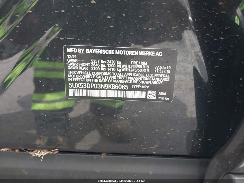 2022 BMW X3 VIN 5UX53DP03N9K86065 IAAI salvage auction — WATER/FLOOD, Salvage Title, sold $750 on 2026-07-28 (photo 9)