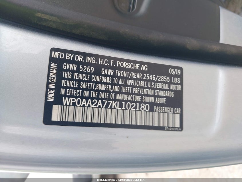 2019 Porsche Panamera VIN WP0AA2A77KL102180 IAAI salvage auction — REAR END, Salvage Title, sold $16,450 on 2026-07-13 (photo 9)