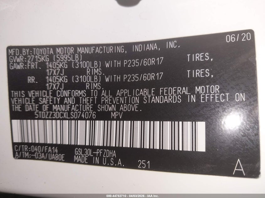 2020 Toyota Sienna VIN 5TDZZ3DCXLS074076 IAAI salvage auction — ALL OVER, Salvage (Arizona), sold $25 on 2026-07-21 (photo 9)