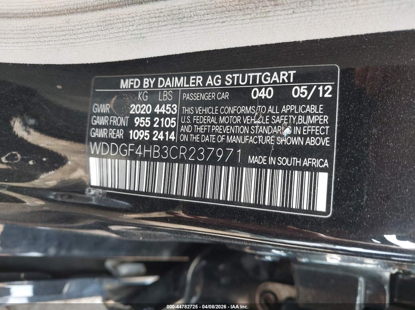2012 Mercedes-benz VIN WDDGF4HB3CR237971 IAAI salvage auction — ALL OVER, Non-Repairable (Tennessee), sold $300 on 2026-07-22 (photo 9)