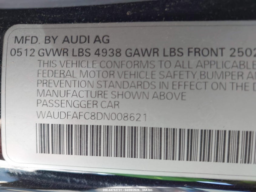 2013 Audi A6 VIN WAUDFAFC8DN008621 IAAI salvage auction — FRONT END, Original (Texas), sold $900 on 2026-07-22 (photo 9)