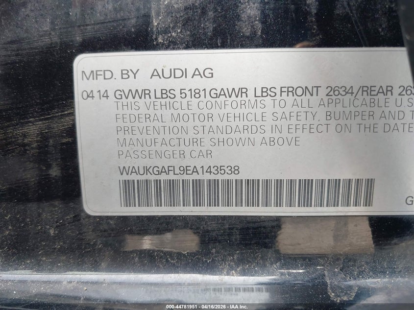 2014 Audi S4 VIN WAUKGAFL9EA143538 IAAI salvage auction — FRONT END, Wait Title, sold $1,500 on 2026-07-31 (photo 9)