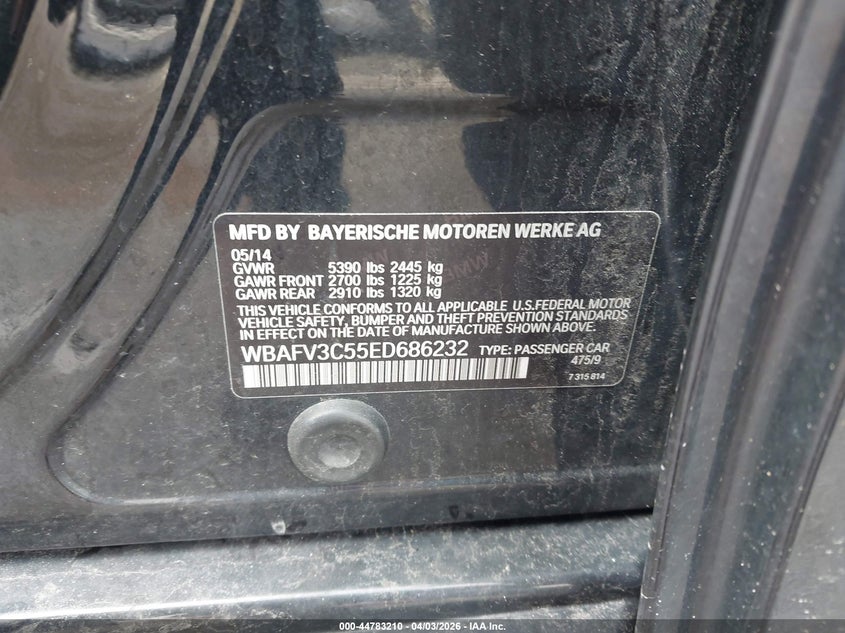 2014 BMW 5er VIN WBAFV3C55ED686232 IAAI salvage auction — RIGHT SIDE, Original (New Hampshire), sold $750 on 2026-07-08 (photo 9)