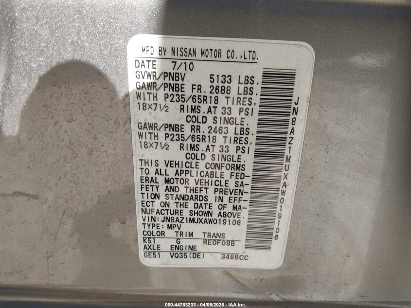 2010 Nissan Murano VIN JN8AZ1MUXAW019106 IAAI salvage auction — SIDE, Salvage (Texas), sold $925 on 2026-07-20 (photo 9)