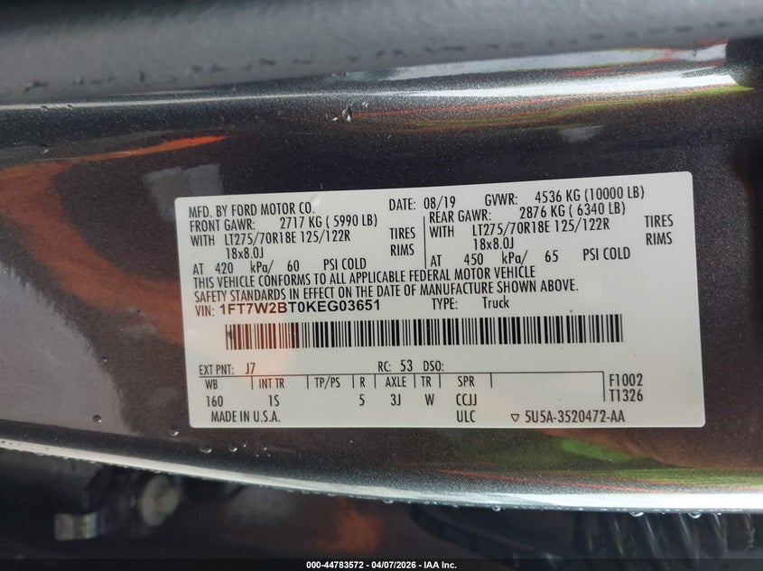 2019 Ford F-250 VIN 1FT7W2BT0KEG03651 IAAI salvage auction — FRONT END, Wait Title, sold $10,000 on 2026-07-25 (photo 9)