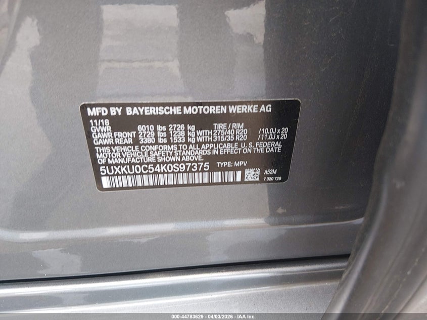 2019 BMW X6 VIN 5UXKU0C54K0S97375 IAAI salvage auction — FRONT END, Wait Title, sold $3,650 on 2026-07-29 (photo 9)