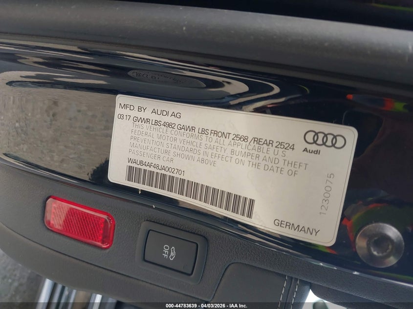 2018 Audi S4 VIN WAUB4AF48JA002701 IAAI salvage auction — FRONT END, Salvage (Illinois), sold $7,650 on 2026-07-07 (photo 9)