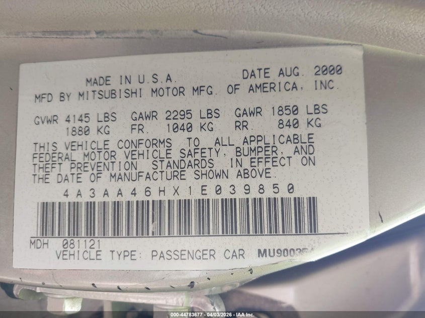2001 Mitsubishi Galant VIN 4A3AA46HX1E039850 IAAI salvage auction — FRONT & REAR, Clear (Virginia), sold $275 on 2026-07-07 (photo 9)