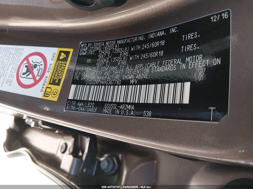 2017 Toyota Highlander VIN 5TDJZRFH4HS367780 IAAI salvage auction — TRANSMISSION, Salvage (Texas), sold $7,900 on 2026-07-14 (photo 9)