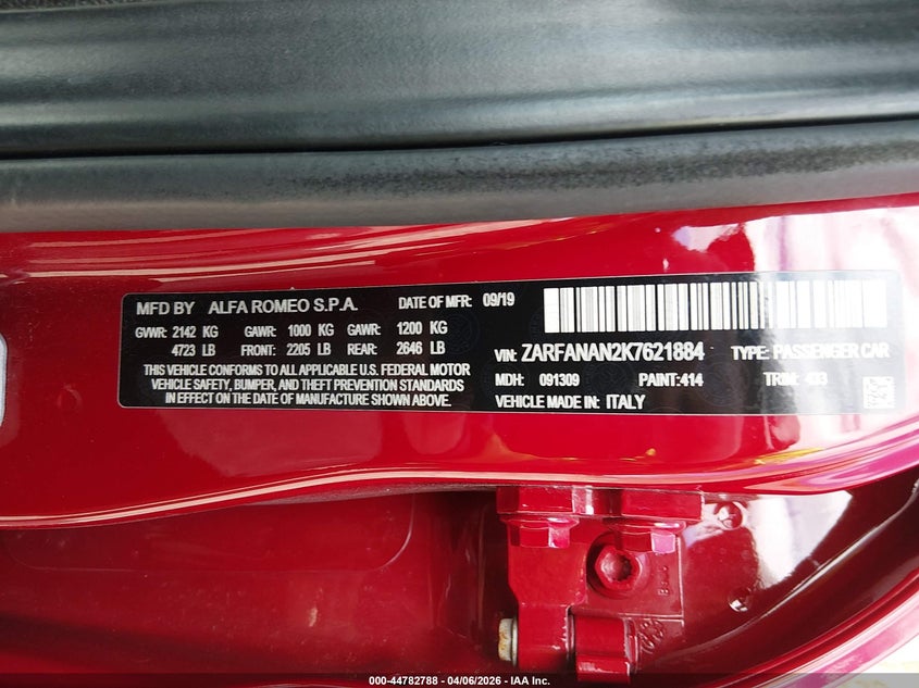 2019 Alfa romeo Giulia VIN ZARFANAN2K7621884 IAAI salvage auction — ALL OVER, Wait Title, sold $2,750 on 2026-07-21 (photo 9)